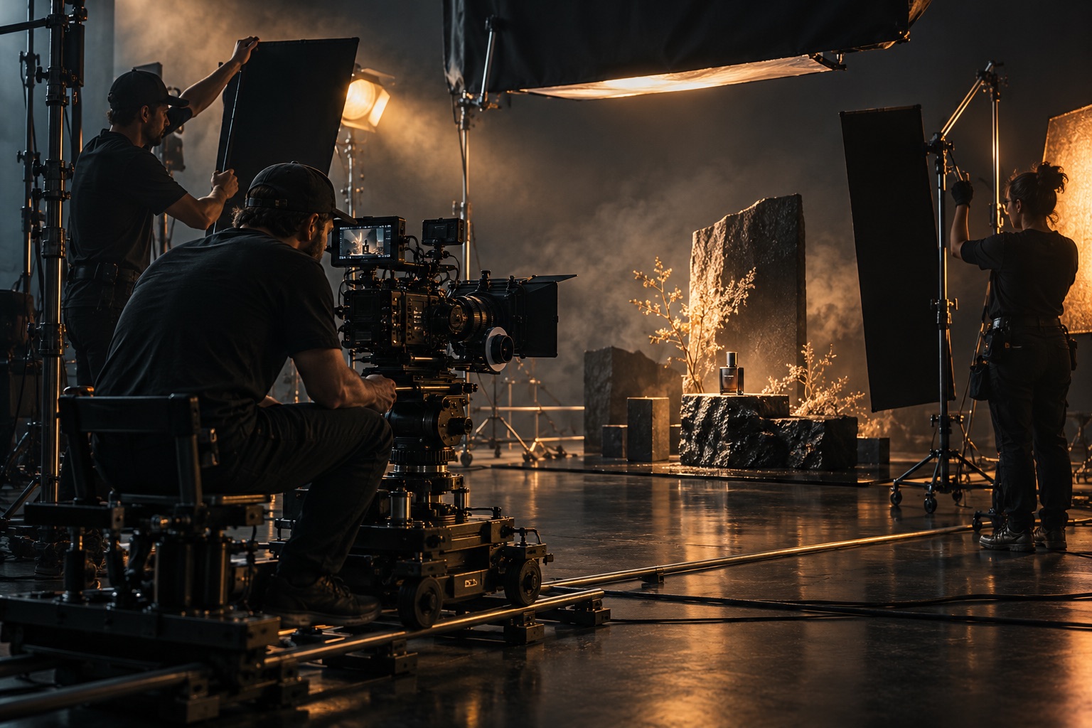 Illustrative commercial set with a cinema camera on a dolly and a crew shaping light around a product.