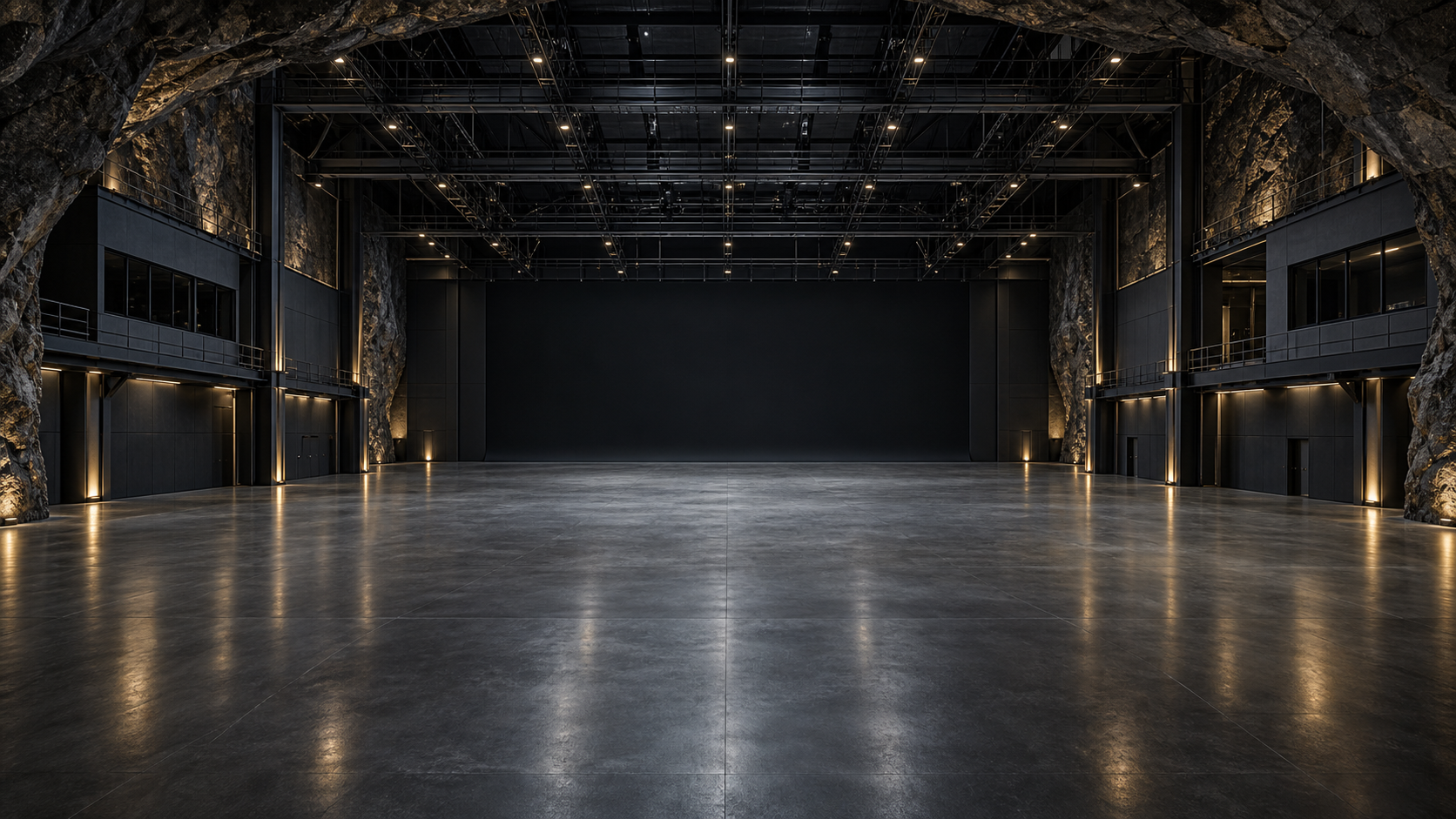 An empty professional soundstage inside the Olympus mountain, with an industrial lighting grid and control-room mezzanines